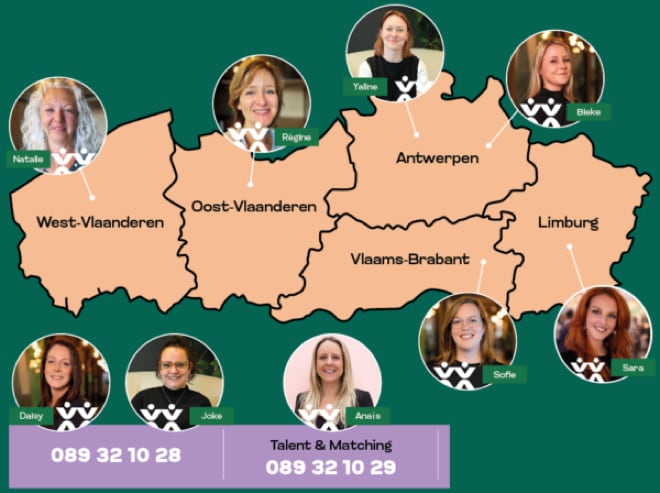 Kaart van Vlaanderen met de contactpersonen en telefoonnummers per provincie.