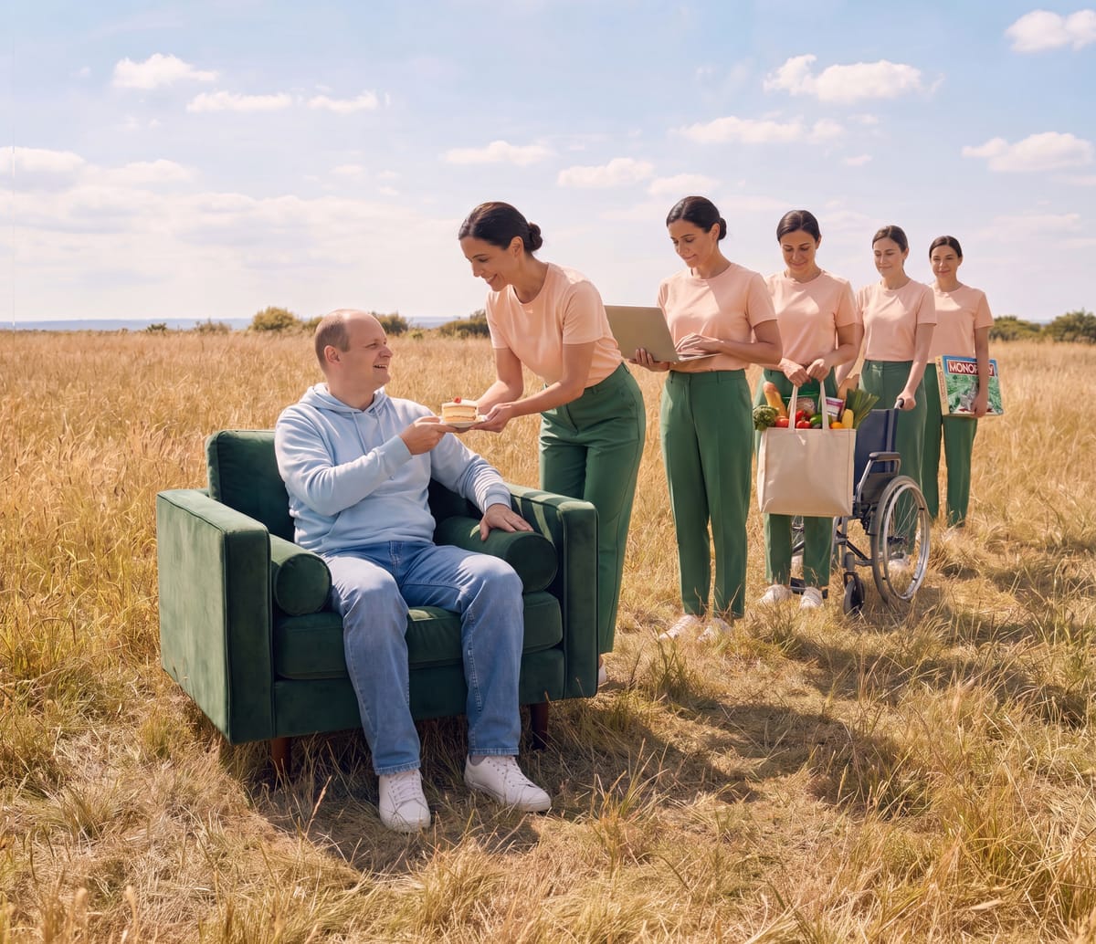 Een man in een fauteuil in een veld krijgt een hapje aangereikt, omringd door vier Exxtra-assistenten met een laptop, boodschappen en een rolstoel.